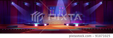 Quiz game stage interior with stands, spotlights Quiz game stage interior with stands, spotlights 91871025