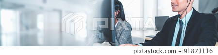 Call center or customer support agent in broaden view panoramic banner 91871116