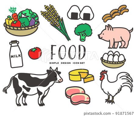 簡單可愛的動物和大米、蔬菜等的圖標矢量。插圖素材/牲畜/配料 91871567
