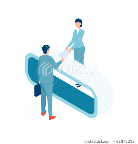 Isometric illustration of a man receiving a catalog at the reception of the exhibition booth Isometric illustration of a man receiving a catalog at the reception of the exhibition booth 91872292