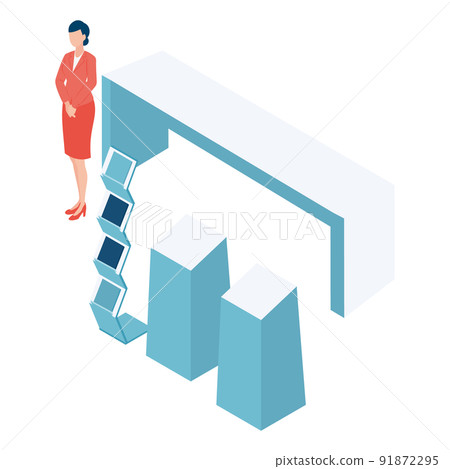 接待處的展位固定裝置和女性等距插圖 接待處的展位固定裝置和女性等距插圖 91872295