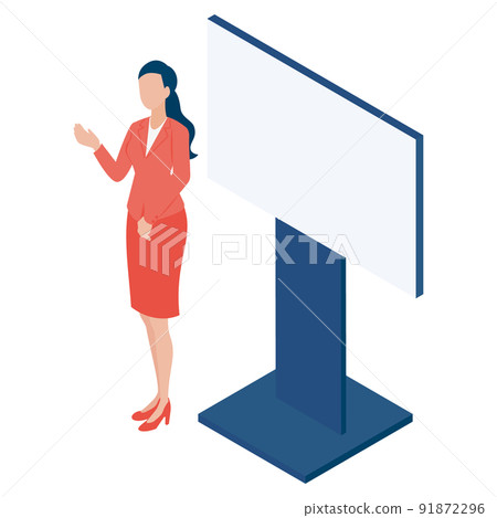 女性在大型顯示器上展示的等距插圖 91872296