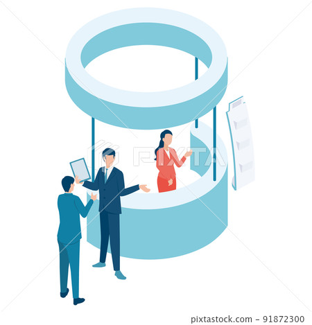 Isometric illustrations of business people having business talks at the exhibition booth 91872300