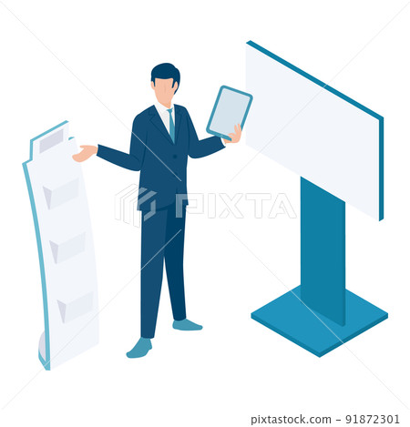 一個人在大型顯示器上呈現的等距插圖 一個人在大型顯示器上呈現的等距插圖 91872301