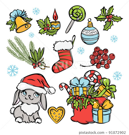 HAPPY NEW YEAR SET COLOR LINE Christmas Decoration Set With Cute Rabbit In Santa Hat Holiday Gifts Sweets Berries Bell Christmas Branch Lollipop And Sock HAPPY NEW YEAR SET COLOR LINE Christmas Decoration Set With Cute Rabbit In Santa Hat Holiday Gifts Sweets Berries Bell Christmas Branch Lollipop And Sock 91872902