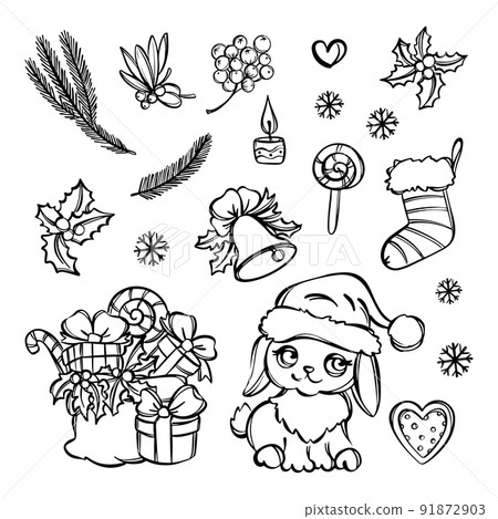 HAPPY NEW YEAR SET LINE Monochrome Christmas Decoration Set With Cute Rabbit In Santa Hat Holiday Gifts Sweets Berries Bell Christmas Branch Lollipop And Sock HAPPY NEW YEAR SET LINE Monochrome Christmas Decoration Set With Cute Rabbit In Santa Hat Holiday Gifts Sweets Berries Bell Christmas Branch Lollipop And Sock 91872903