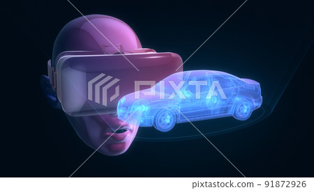 human wearing VR Glasses looking at the hologram of a car. human wearing VR Glasses looking at the hologram of a car. 91872926