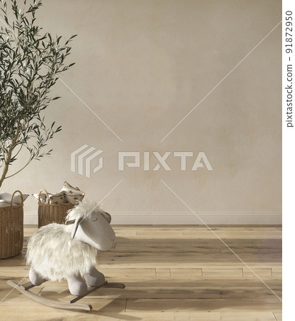 Children room interior scandinavian style with natural decor. Mock up frame on wall background. Kids farmhouse style 3d render illustration. 91872950