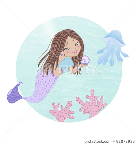 Cute cartoon mermaid with long hair and a lilac tail swims underwater, a shell with a pearl, pink corals and a jellyfish. Vector. 91872958