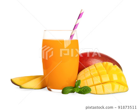 Fresh delicious mango drink isolated on white Fresh delicious mango drink isolated on white 91873511