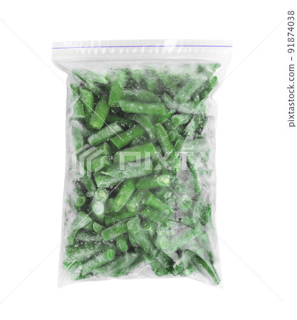 Frozen green beans in plastic bag isolated on white, top view. Vegetable preservation Frozen green beans in plastic bag isolated on white, top view. Vegetable preservation 91874038