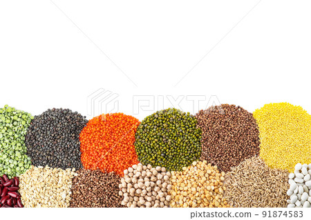 Different grains and cereals on white background, top view 91874583