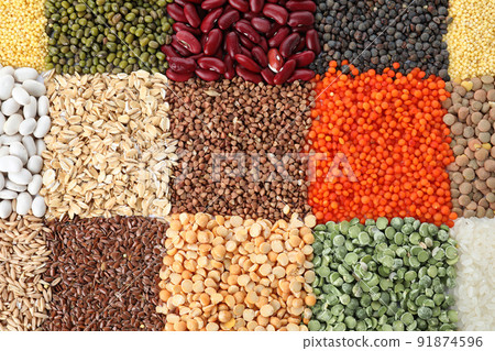 Different grains and cereals as background, top view Different grains and cereals as background, top view 91874596