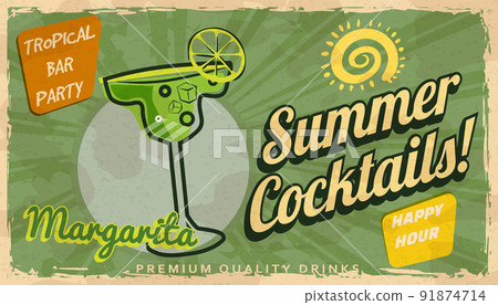 Summer Margarita Cocktail Retro banner. Cocktail lounge vintage background, scratched old textured paper Summer Margarita Cocktail Retro banner. Cocktail lounge vintage background, scratched old textured paper 91874714