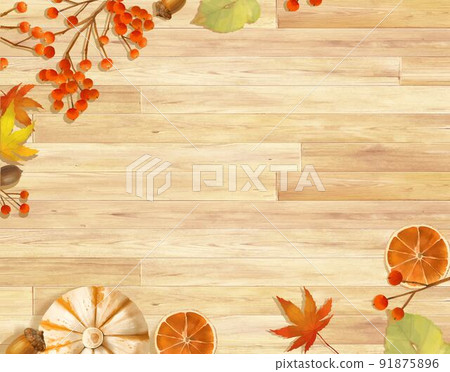 Autumn image wallpaper material such as warm wood board and pumpkin, maple, dried fruit and nut cinnamon 91875896