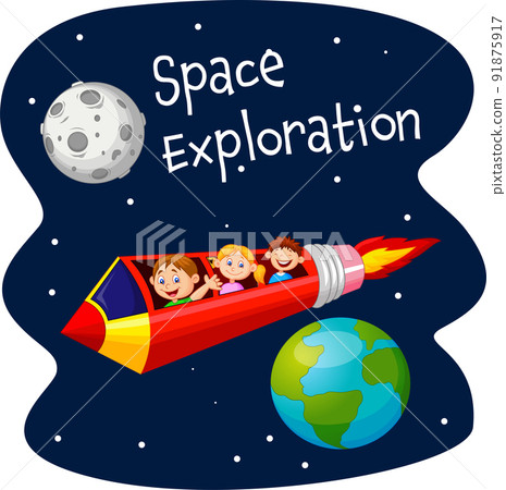 Cartoon children flying with rocket pencil in outer space 91875917