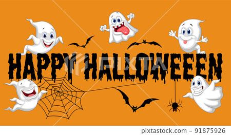 Happy Halloween. Funny ghosts flying on orange background 91875926