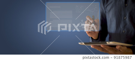 businessman use electronic pen sign signature on electronic  E-signing, data sheet document management, paperless office concept. Businessman using stylus pen signing e document on digital tablet. 91875987