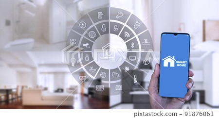 Man hand show smartphone smarth home GUI control every room in house. Hand use smart screen smart home automation assistant on a virtual screen and a user touching a button 91876061