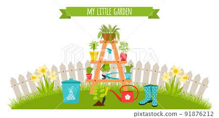 A set of garden tools, a stand for flowers with planters. on the background of the lawn and fence. Fertilizer, seedlings, rubber boots. Horizontal banner. Vector illustration in flat style A set of garden tools, a stand for flowers with planters. on the background of the lawn and fence. Fertilizer, seedlings, rubber boots. Horizontal banner. Vector illustration in flat style 91876212