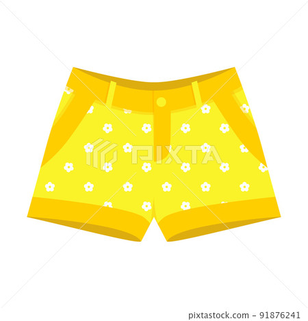 Bright women's, children's yellow shorts with a simple floral print. Summer short clothing with pockets and belt. Flat color vector illustration. Isolated on white. Bright women's, children's yellow shorts with a simple floral print. Summer short clothing with pockets and belt. Flat color vector illustration. Isolated on white. 91876241