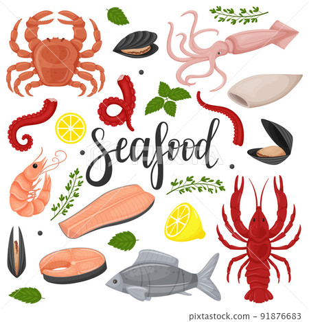 A set of sea food. Squid, octopus, red fish, fillet,mussels, crab, crayfish, lemon, green twigs. A collection in a flat cartoon style. Color vector illustration isolated on a white background. 91876683