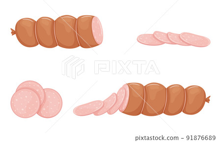 Set of pink boiled sausage products, whole sausage, half, sliced. Food, ready-made meat dish. Flat style. Color vector illustration isolated on a white background 91876689
