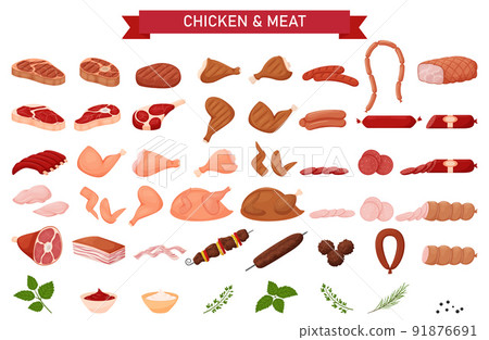 Large meat set. Sausages, grilled chicken, raw meat, sausage cuts, pork, knuckle, ribs, chicken breast, shish kebab, meatballs, lard, herbs, sauces, . Set in a flat cartoon style. Isolated on white. 91876691