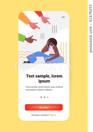 depressed girl student being bullied surrounded by hands fingers mocking her peer violence bullying concept 91876855