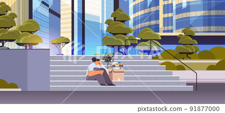 depressed businesswoman in despair sitting on stairs dismissed business man with things unemployment crisis 91877000