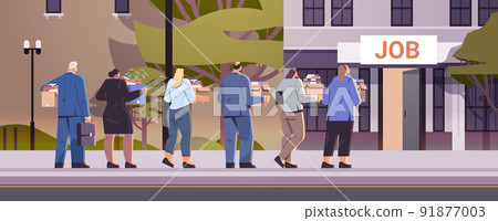 businesspeople candidates standing in line queue to door office hiring job employment crisis concept 91877003