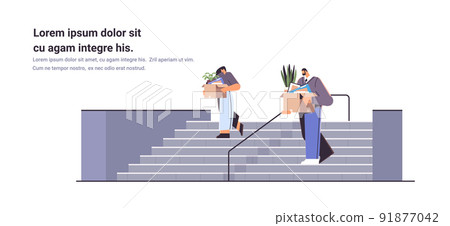 depressed businesspeople in despair leaving office on stairs dismissed business people with things unemployment crisis 91877042