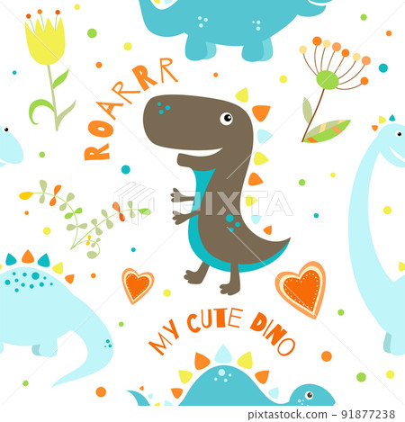 Seamless pattern with cute hand drawn sketches with dinosaurs. Funny dinos pattern Seamless pattern with cute hand drawn sketches with dinosaurs. Funny dinos pattern 91877238