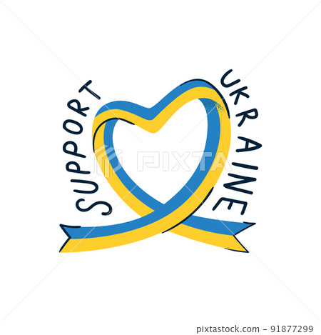 Ukrainian ribbon in the form of a heart. Blue and yellow flag colors. A sign of supporting Ukraine against russian invasion. Vector illustration isolated on white background. Ukrainian ribbon in the form of a heart. Blue and yellow flag colors. A sign of supporting Ukraine against russian invasion. Vector illustration isolated on white background. 91877299
