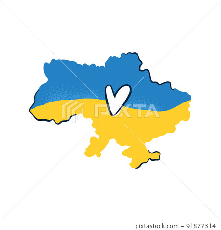Ukraine map with heart. Blue and yellow flag colors. Silhouette of independent Ukraine. Vector illustration isolated on white background. 91877314