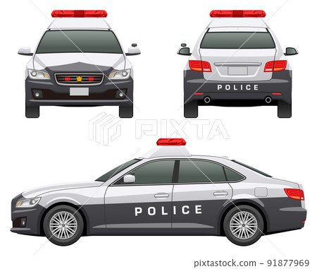 Illustration of a car seen from three directions (police car) 91877969