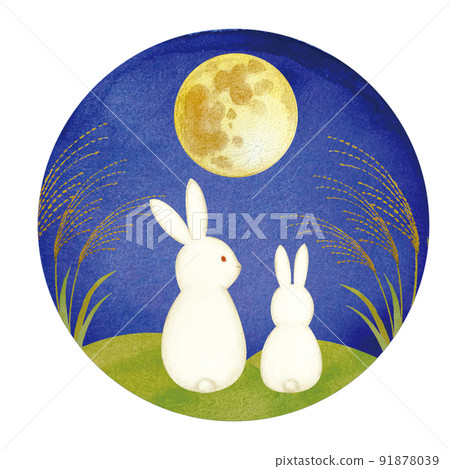 十五夜月夜，在蒲葦地裡看月亮的兔父母和孩子 91878039