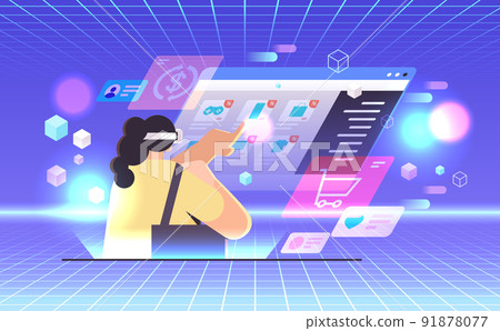 woman in virtual reality digital glasses choosing items on screen online shopping vr vision headset innovation metaverse 91878077