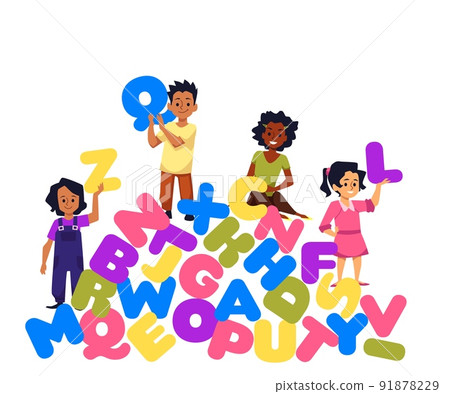 Little kids with colorful English alphabet letters flat style Little kids with colorful English alphabet letters flat style 91878229