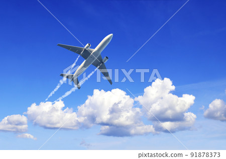 Horizontal nature background with aircraft and Jet trailing smoke in the sky. Airplane and condensation trail 91878373