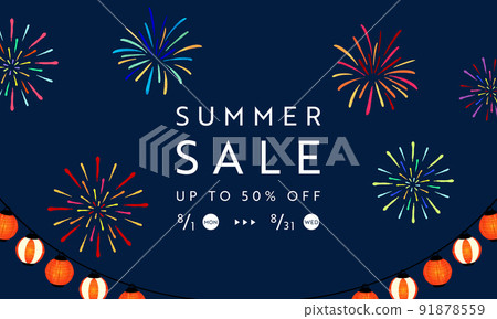 夏季銷售廣告模板與照亮夜空的煙花和燈籠 91878559