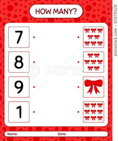 How many counting game with ribbon. worksheet for preschool kids, kids activity sheet How many counting game with ribbon. worksheet for preschool kids, kids activity sheet 91879326