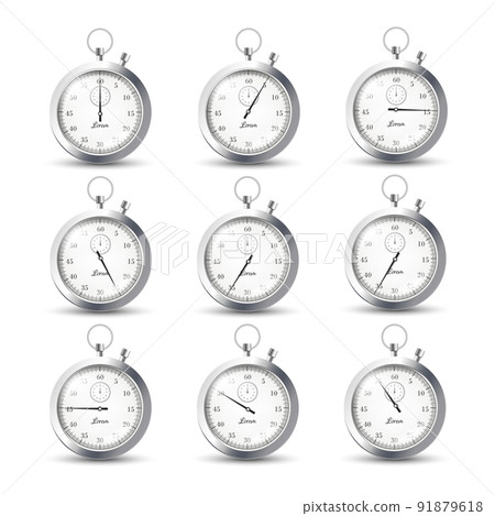 Set metal stopwatch, vector flat illustration on white background. On clock - minutes, seconds from start to finish. 91879618
