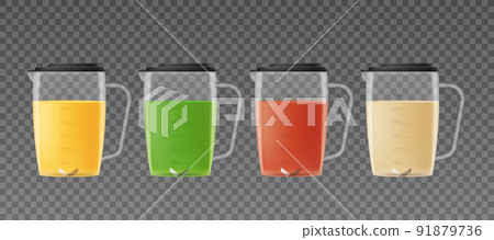 Juice in a mug from a blender. Blender, set of 3d realistic vector illustrations on a transparent background. 91879736