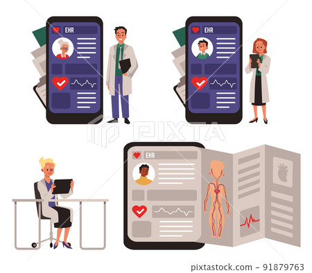 Abstract electronic health records in mobile phone and tablets, flat vector illustration isolated on white background. 91879763