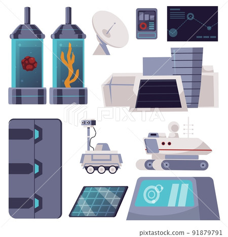 Spacecraft interior futuristic elements, flat vector illustration isolated on white background. Spacecraft interior futuristic elements, flat vector illustration isolated on white background. 91879791