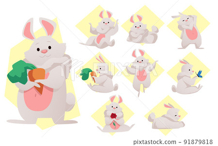 Cute cartoon rabbits with carrots, flowers, butterfly, flat vector illustration 91879818