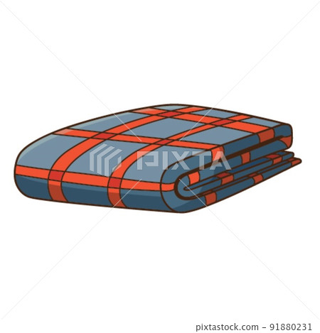 Folded plaid blanket. Cover. Design element with outline. The theme of a cozy winter, autumn. Doodle, hand-drawn. Flat design. Color vector illustration. Isolated on a white background. 91880231