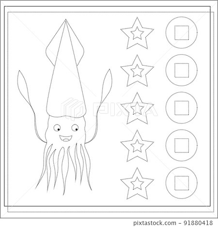 Page coloring books, handwriting practice for kids, squid. A sketch. Vector 91880418