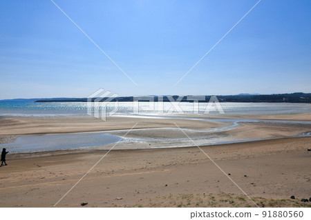 城山海水浴場，光池基海水浴場，城山日出峰，日出峰山頂，大海，退潮，海鷗， 91880560